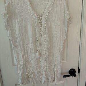 Raviya White Flutter Sleeve Swim Coverup with Tie Front
